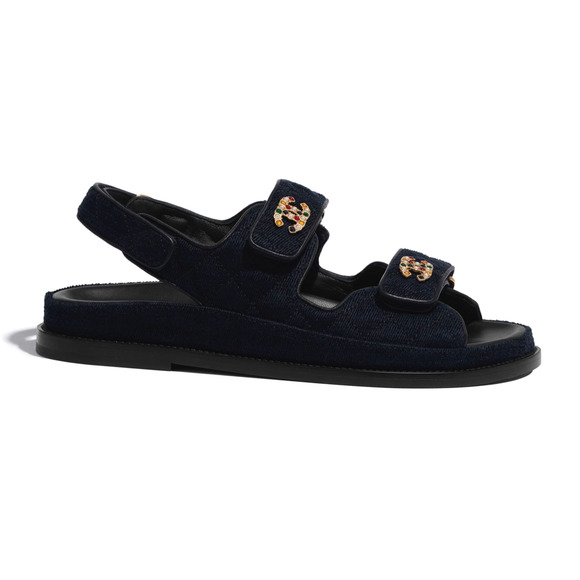 Chanel 21A Blue Velvet Denim CC Logo Mule Slide Strap Flat Teva Dad Sandal 37.5 - Picture 3 of 12